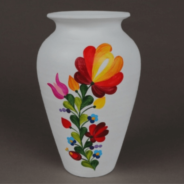 Vază Ceramică Albă Pictată Manual - Motiv Floral Tradițional (Stil Kalocsa)